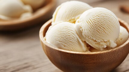 Icecream Vanilla Bowl Top. Creamy Vanilla Ice Cream in Wooden Bowl on Table.