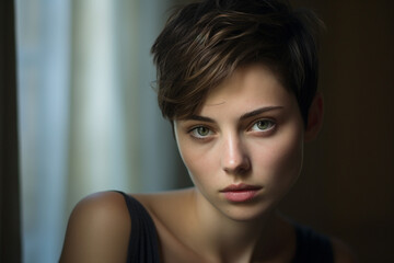 Fototapeta premium Young female model with short hair, indoor setting, moody lighting, soft shadows, cool-toned color palette, contemplative expression, sharp focus on facial features, minimalist background