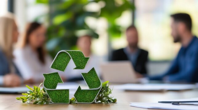 Eco-conscious business activities, with professionals brainstorming sustainable strategies in a contemporary office environment