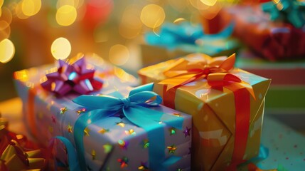 Birthday presents wrapped in vibrant paper and bows