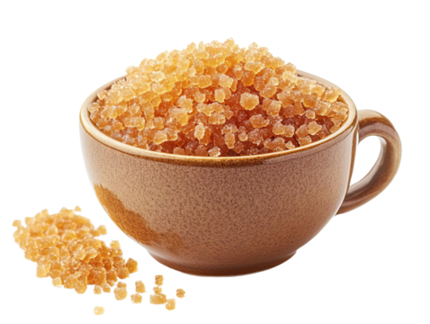 A close-up view of brown sugar granules in a rustic cup, showcasing its rich texture and color for culinary use or decoration.