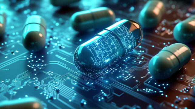Innovative capsules and pills scattered on a circuit board with glowing lights, showcasing a blend of technology and medicine. Generative AI.