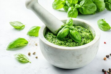 Pestle Mortar With Veggies: Basil Leaves in Mortar, Green Herb Ingredient on White with Copy Space