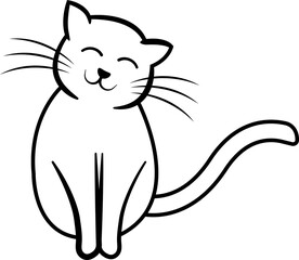 Smiling cartoon cat with a long tail and closed eyes
