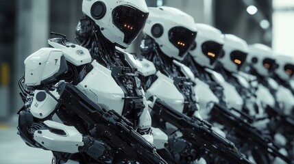 Fototapeta premium Cyberpunk military army robot squad with future advanced technology modern humanoid background wallpaper AI generated image