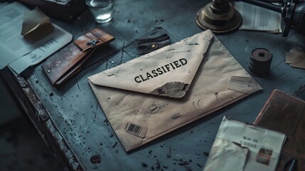 Sealed Envelope with Classified Documents, Stamped as Confidential and Private, Featuring Spy Communications, Government Security, and Protected Data