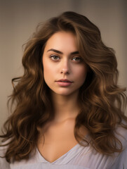 Naklejka premium Young female model with wavy hair, studio portrait, soft and even lighting, elegant and polished look, neutral background, sharp focus on face, deep shadows, minimal color palette, confident expressi