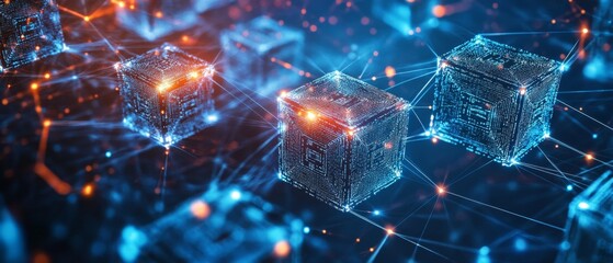 Abstract depiction of blockchain technology in business, with luminous blocks, data streams, and secure networks in a digital environment
