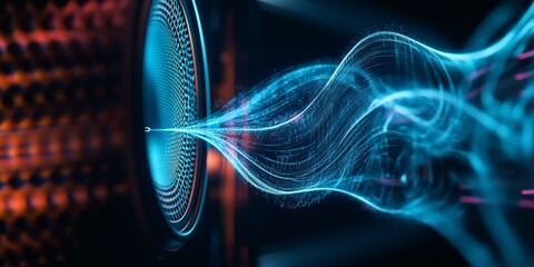 A speaker emitting a blue wave of energy.