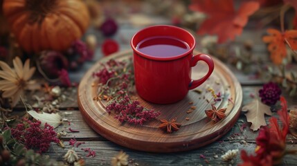 Fototapeta premium A red tea cup rests on a wooden board surrounded by autumn decor, including dried flowers, leaves, and a pumpkin. The composition and warm, earthy tones create a welcoming, rustic autumn scene perfect