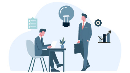Two business professionals are engaged in a discussion, with symbols representing ideas, growth, and productivity in the background.