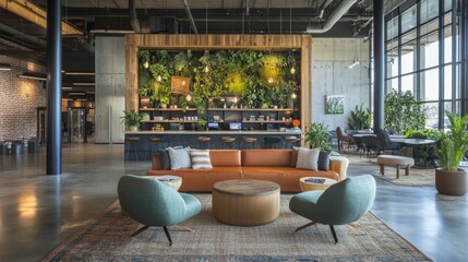 Business environment focused on wellness, showcasing collaborative spaces with natural elements, relaxation zones, and healthy snacks