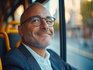 Fototapeta premium Contented Man Smiling on City Bus