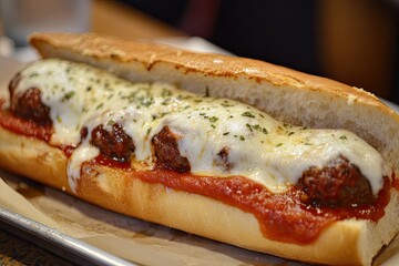 A meatball sub topped with marinara sauce and melted mozzarella, served on a crusty baguette