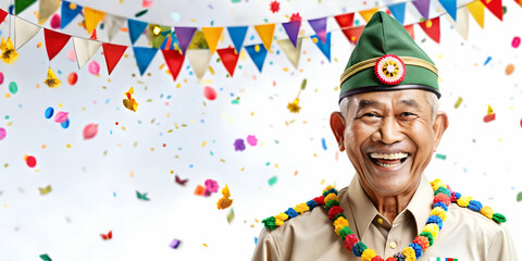 Fototapeta premium 3D Icon of a Veteran Joyfully Waving in Community Parade | Hari Pahlawan Celebration of Unity and National Pride