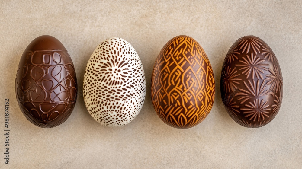 Wall mural a row of chocolate eggs with different designs on them, ai