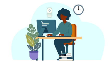 Woman sitting at a desk, focused on her computer, surrounded by plants and a clock