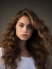 Naklejka premium Young female model with wavy hair, studio portrait, soft and even lighting, elegant and polished look, neutral background, sharp focus on face, deep shadows, minimal color palette, confident expressi