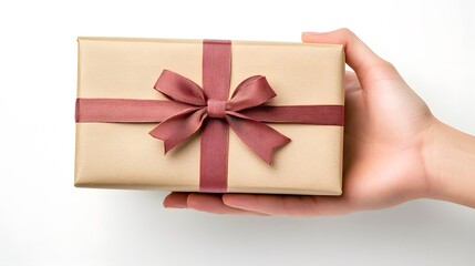 Hand Holding a Gift Box with a Bow: A hand presenting a neatly wrapped gift box with a perfectly tied bow, against a plain white background.

