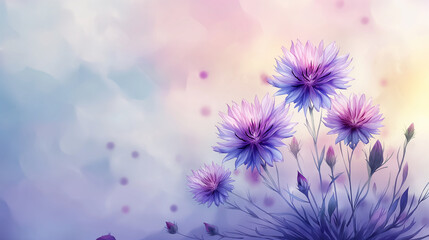 Obraz premium Blue purple watercolour cornflower knapweed centaurea flower banner with copy space. Floral blossom concept