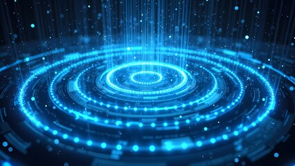 Fototapeta premium Glowing Blue Concentric Circles with Floating Light Particles