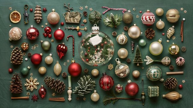 Festive array of vintage-inspired Christmas ornaments and decorations in red, gold, and green hues, artfully arranged on a dark green background.