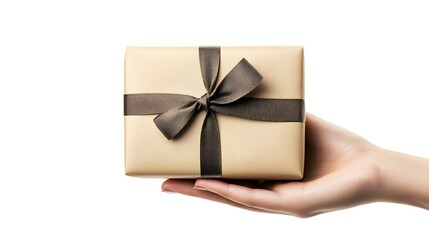 Hand Holding a Gift Box with a Bow: A hand presenting a neatly wrapped gift box with a perfectly tied bow, against a plain white background.
