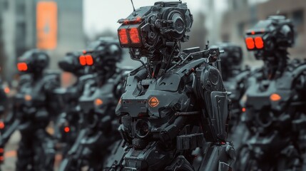 Fototapeta premium Cyberpunk military army robot squad with future advanced technology modern humanoid background wallpaper AI generated image