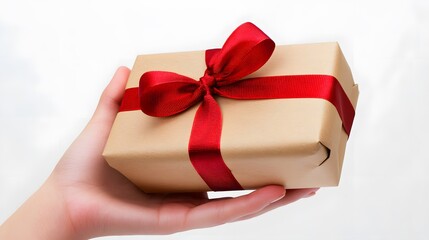 Hand Holding a Gift Box with a Bow: A hand presenting a neatly wrapped gift box with a perfectly tied bow, against a plain white background.
