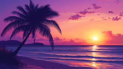 Beautiful silhouette of tropical beach with palm tree with sunset sky background. generated ai image. Sunset Beach. Illustration