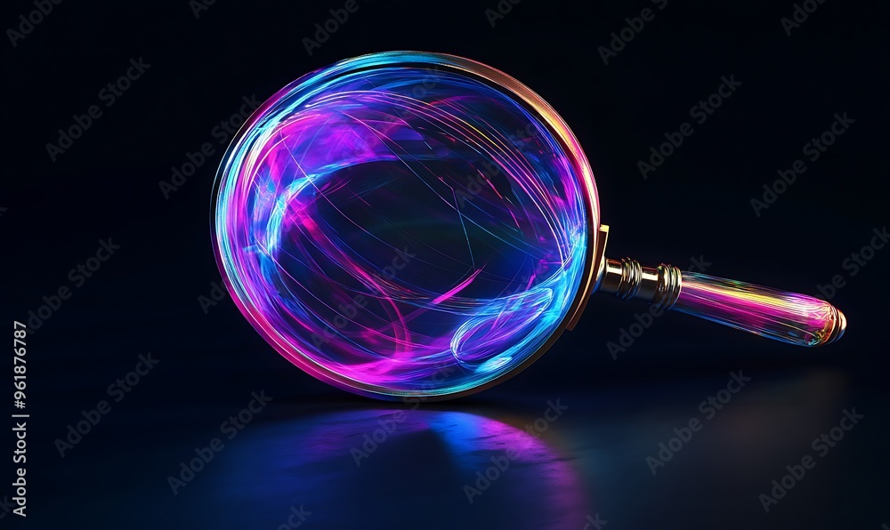 Sticker a golden magnifying glass with a neon abstract pattern inside