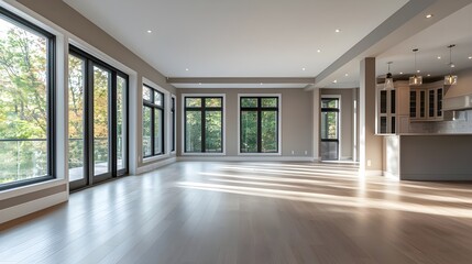 Obraz premium A spacious, empty open-plan living and dining area with large windows, neutral walls, and hardwood floors.
