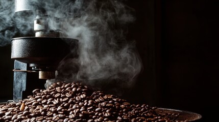 Coffee beans spilling from a grinder with visible smoke and steam rising in the darkened atmosphere