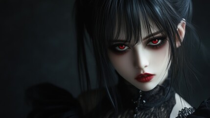 Naklejka premium Character girl asian cute model black gothic make up halloween theme background wallpaper AI generated image