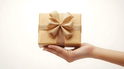 Hand Holding a Gift Box with a Bow: A hand presenting a neatly wrapped gift box with a perfectly tied bow, against a plain white background.
