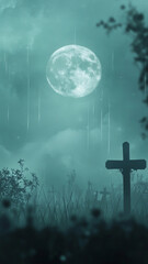 Graveyard cross under full moon with spider web and bokeh effect, background