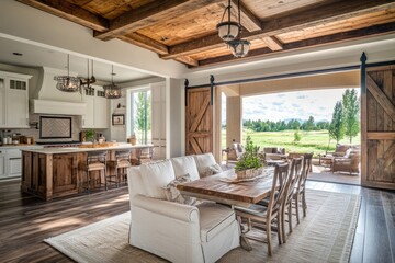 Interior Barn Doors in New Luxury Home Featuring Dining Room, Kitchen, and Outdoor Patio