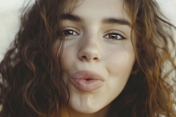 Naklejka premium Beautiful girl with brown curly hair.