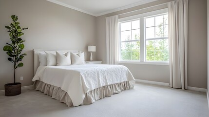 Fototapeta premium A clean and empty bedroom with a large window, soft carpet, and neutral-colored walls, ready to be personalized.