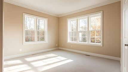 Obraz premium A clean and empty bedroom with a large window, soft carpet, and neutral-colored walls, ready to be personalized.