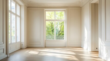 Fototapeta premium A bright, empty room perfect for a home office, with large windows providing ample natural light and neutral walls offering a blank canvas.