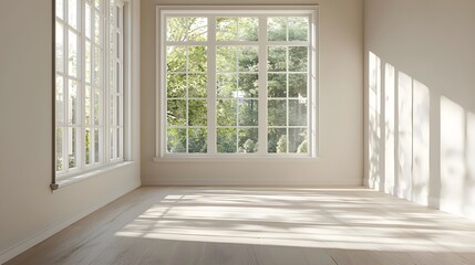 Obraz premium A bright, empty room perfect for a home office, with large windows providing ample natural light and neutral walls offering a blank canvas.