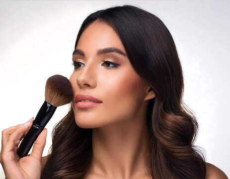  Young woman applying makeup with a brush, representing beauty routines. _1(940)