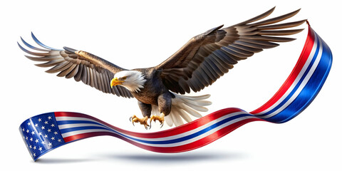 Fototapeta premium Symbolic American Eagle with Military Ribbon Gently Floating in Mid-Air � A Powerful and Graceful Tribute to Veterans on White Background