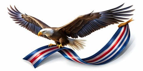 Fototapeta premium Symbolic American Eagle and Military Ribbon Gently Floating in Mid Air - Valor and Dedication of Veterans Concept on White Background