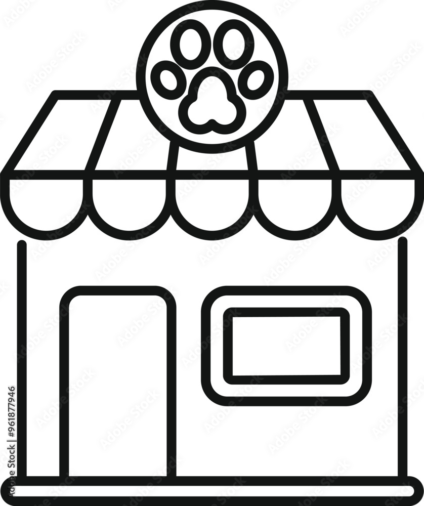 Sticker simple vector illustration of a pet shop building facade with paw print sign for your design needs