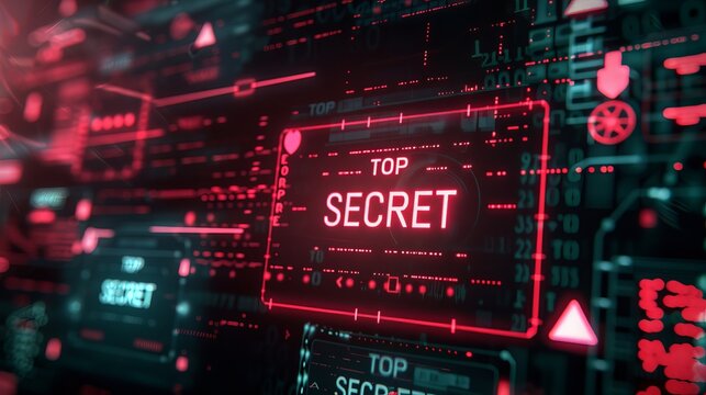 Top Secret Digital Document on Computer Screen with Red Warning, Cybersecurity Risk and Encryption Protection, Private Network Breach and Malware Alert