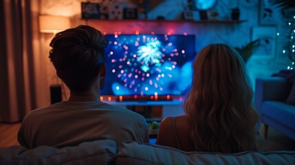 Cozy evening at home: couple enjoying spectacular fireworks display on TV, creating a romantic atmosphere with soft lighting and comfortable seating.