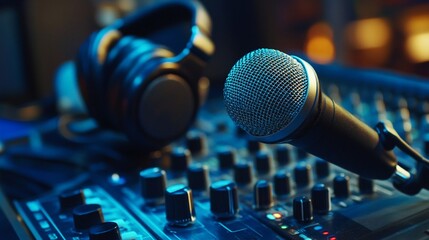 Professional audio equipment in a dimly lit studio: microphone, headphones, and mixing console bathed in moody blue lighting, capturing the essence of music production.