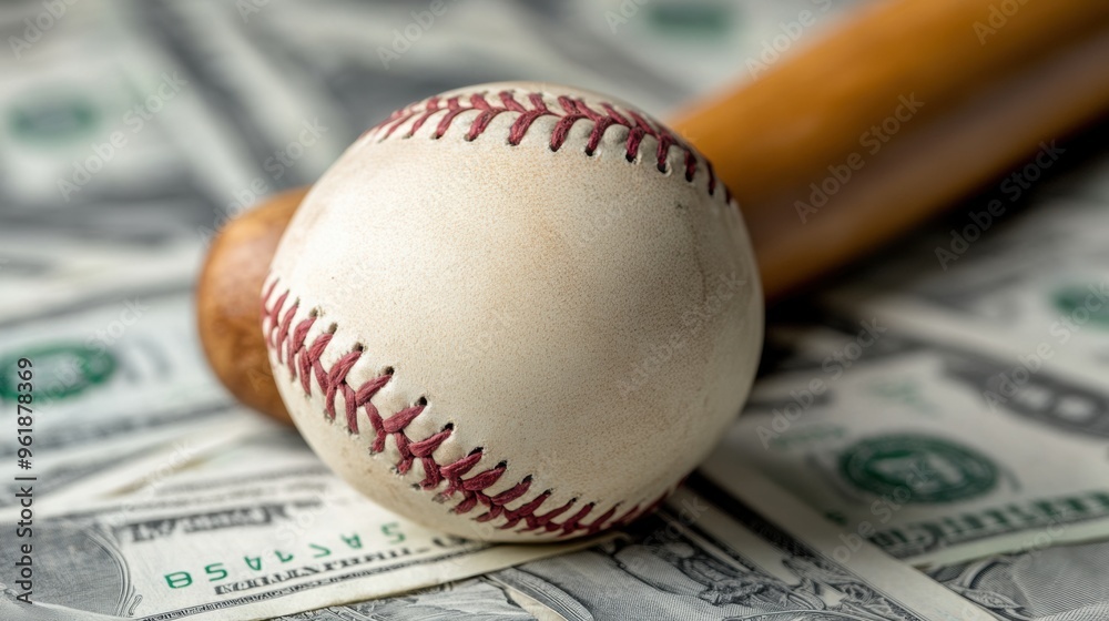 Canvas Prints A baseball bat and ball on a pile of money, AI